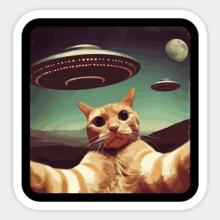 Funny Cat In Space Selfie With UFOs Behind Sticker